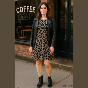 Native People Leopard Print Brown Rolled Short Sleeve Dress Pockets Women Sz L